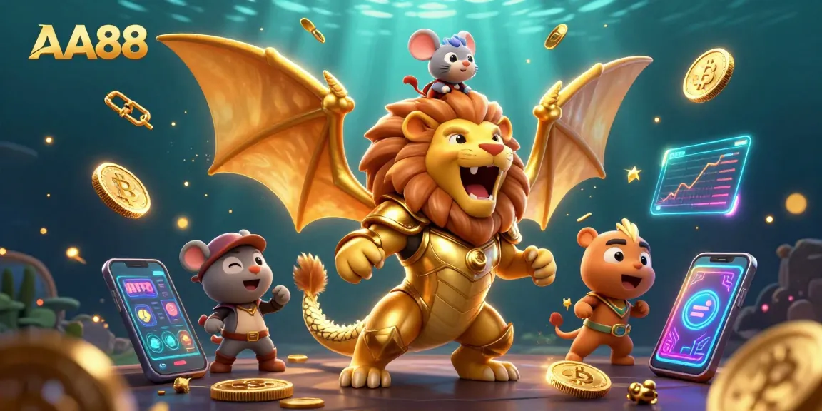 Engage with AA88's thrilling casino adventure, showcasing a roaring chimera and crypto elements.