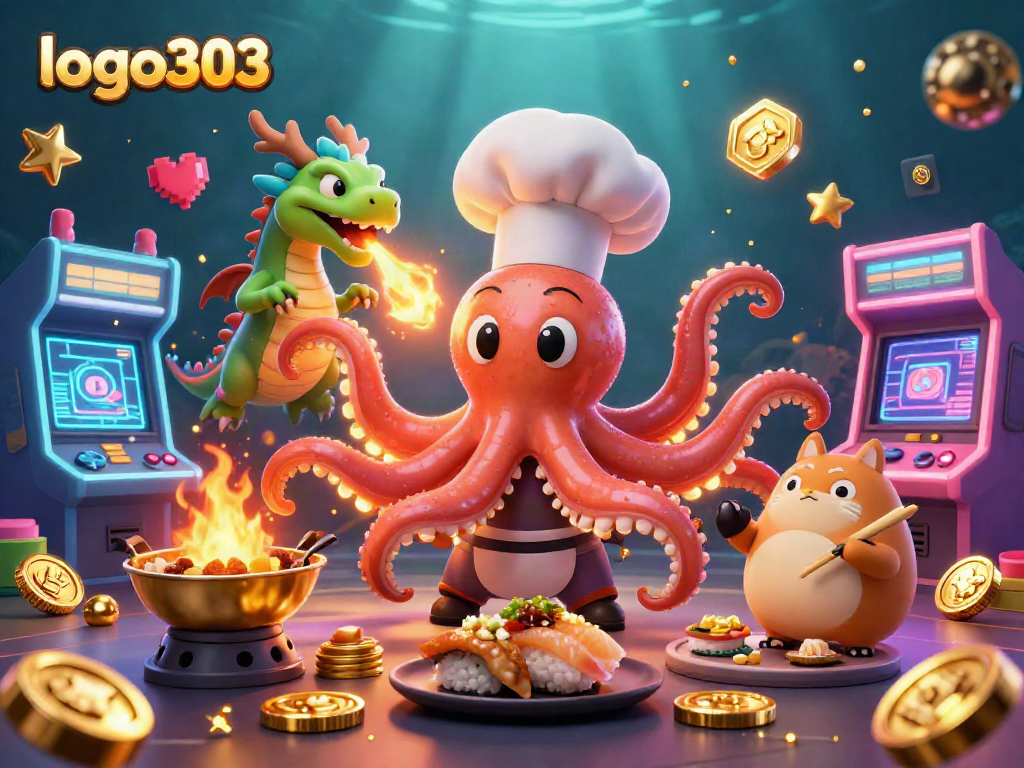 Gambarkan logo303 dengan chef sushi gurita siap menyajikan hidangan emas di kasino.