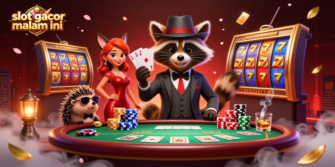 Play and win with slot gacor malam ini, featuring raccoon in suit, vibrant slot reels, and dynamic casino atmosphere.