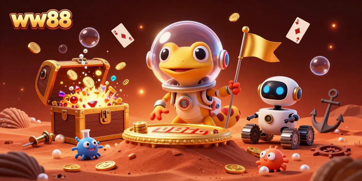 Experience the excitement of ww88 casino with a dynamic Martian gecko and colorful gold treasures.