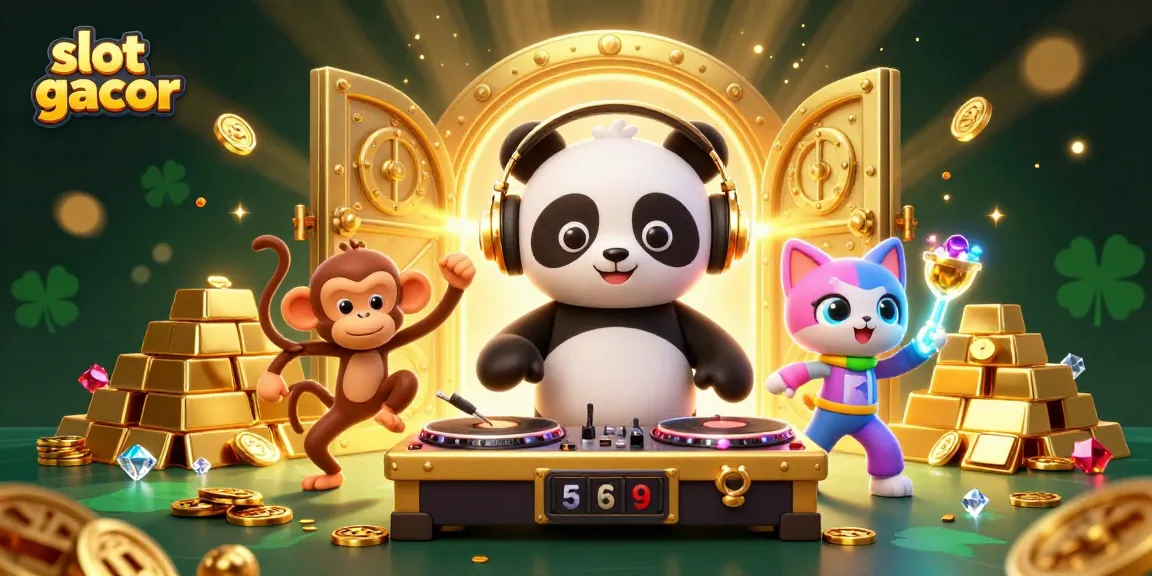 Menangkan slot gacor dengan DJ panda dan karakter unik di latar belakang kaya harta.