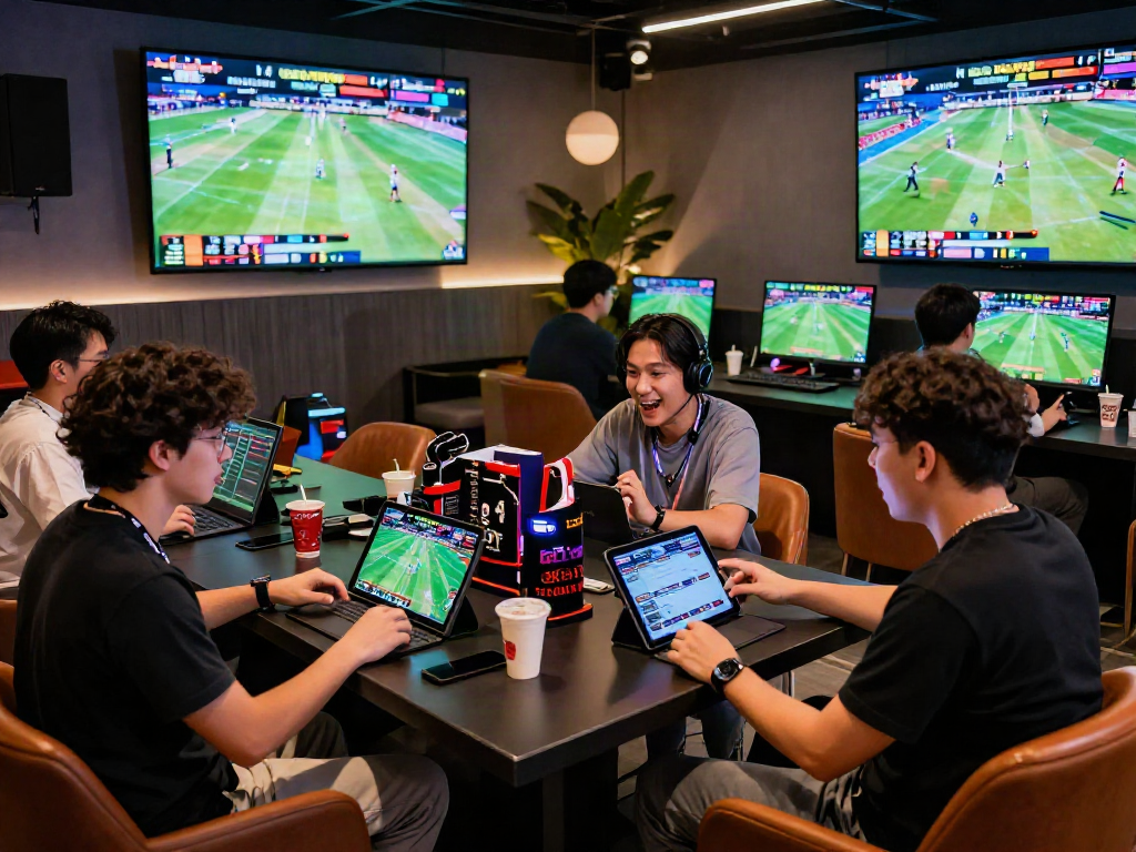 Exciting moment in a sports betting lounge featuring Playin exchange activities, vibrant environment, and engaged participants.