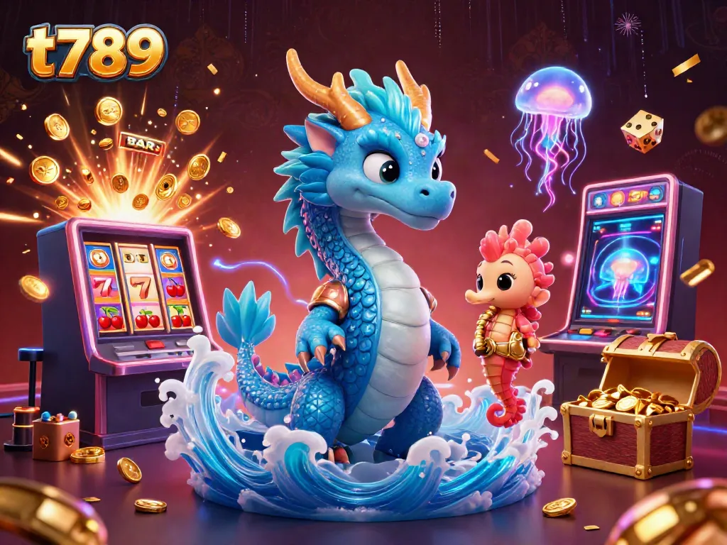 Engage in exciting t789 casino gameplay with vibrant dragons, knights, jackpot slot machines, and glowing elements.