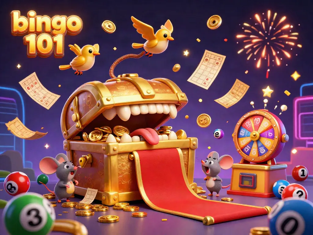 Experience the excitement of bingo 101 with vibrant lottery balls and prizes in a dynamic gaming scene.