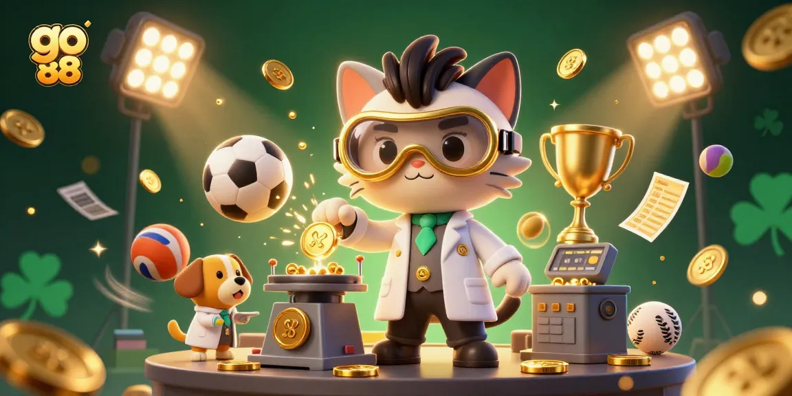 Win big with go 88 as the mad scientist cat creates gold coins in a dynamic, casino-themed scene.