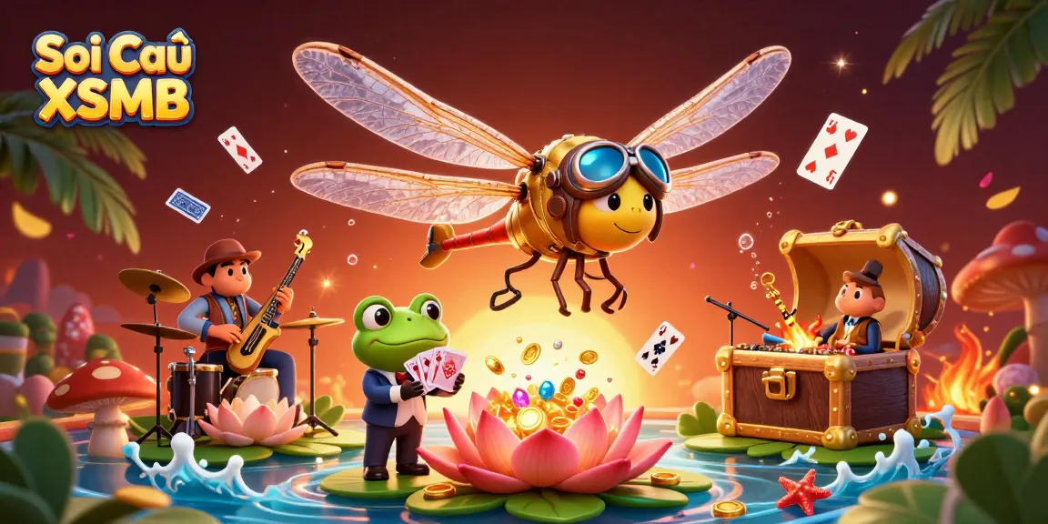 Soi Cầu XSMB depicts a lively dragonfly pilot over a lily pad casino, with cards and treasure elements.