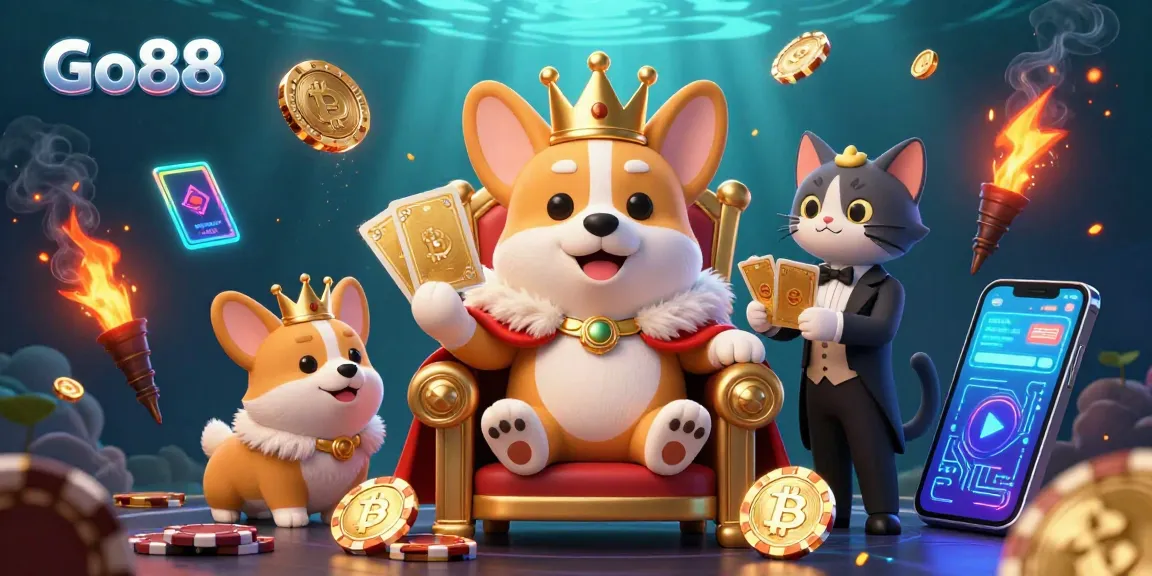 Experience the vibrant Go88 casino scene with royal corgi on poker chip throne and crypto elements.