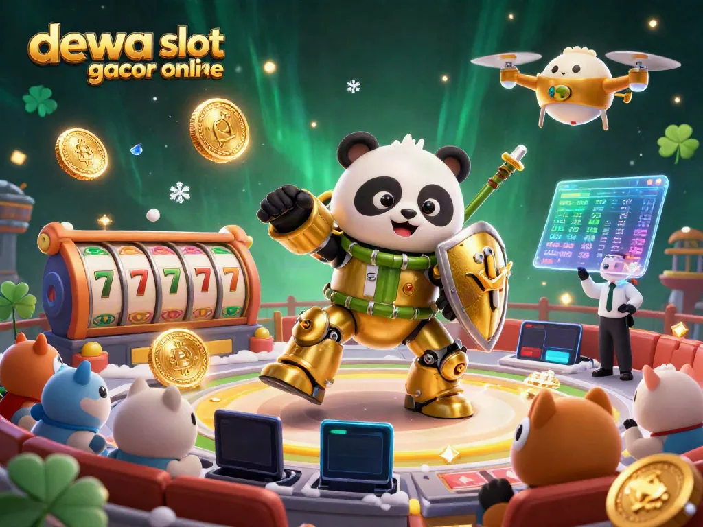 Visualisasi dewa slot gacor online yang memukau dengan karakter panda emas dan elemen slot yang menarik.