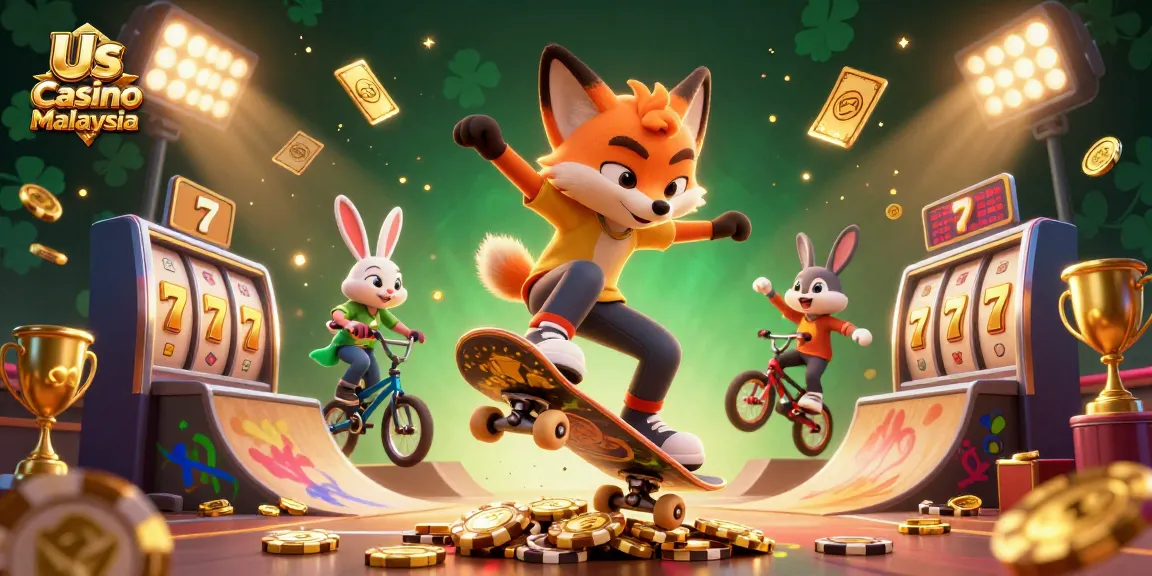 Experience thrilling gameplay at Us Casino Malaysia with cartoon characters and vibrant casino elements.