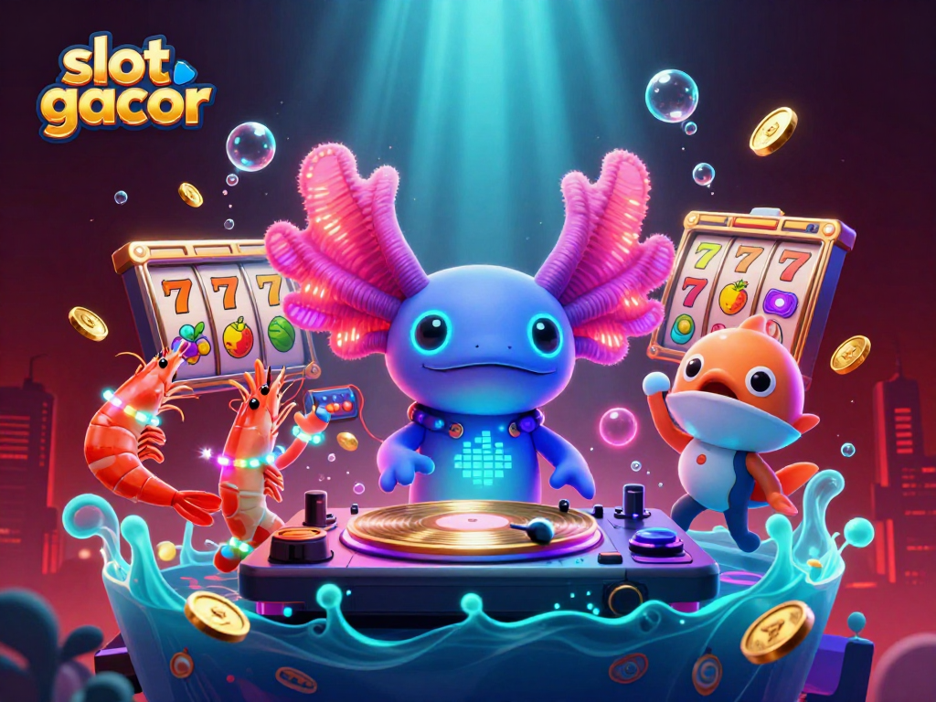 Engage in the vibrant world of slot gacor with this dynamic casino scene featuring a neon axolotl DJ.