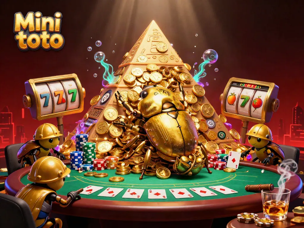 Mini toto memperlihatkan dung beetle emas berguling di kasino slot yang meriah.