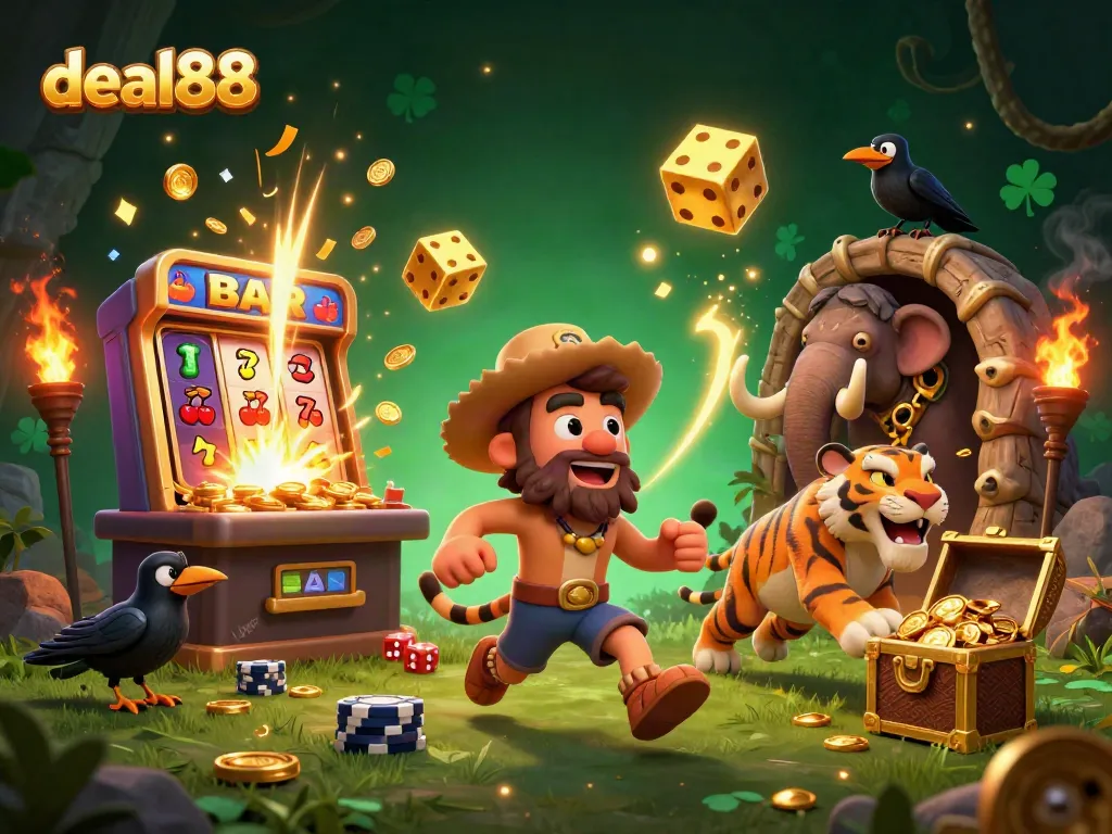 Win big with deal88 in a vibrant prehistoric casino scene featuring unique characters and dynamic gaming elements.