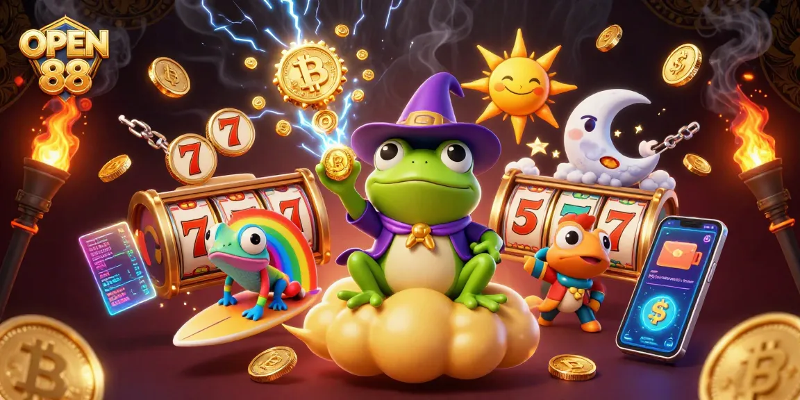 Engage in thrilling slots with OPEN 88, featuring colorful characters and golden coins.