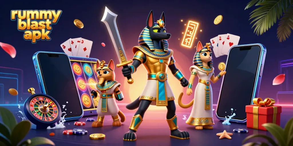 Engage with exciting gameplay using the Rummy Blast APK with vibrant casino-themed characters and elements.