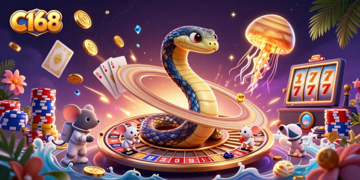 C168 players betting as they engage with a cosmic roulette scene featuring a Saturn ring snake and astronaut mice.