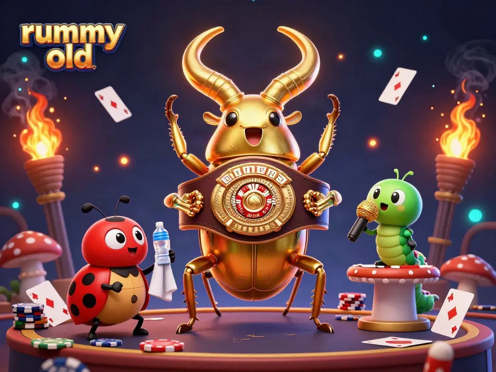 Rummy Old dynamic gaming scene featuring a golden stag beetle boxing and poker elements.