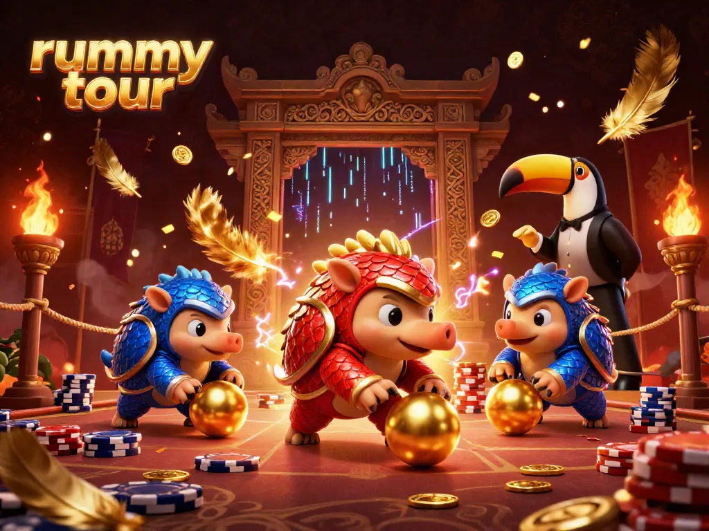 Rummy tour menggambarkan pertarungan seru antara dua pangolin bersaing dalam arena judi dengan banyak koin emas.