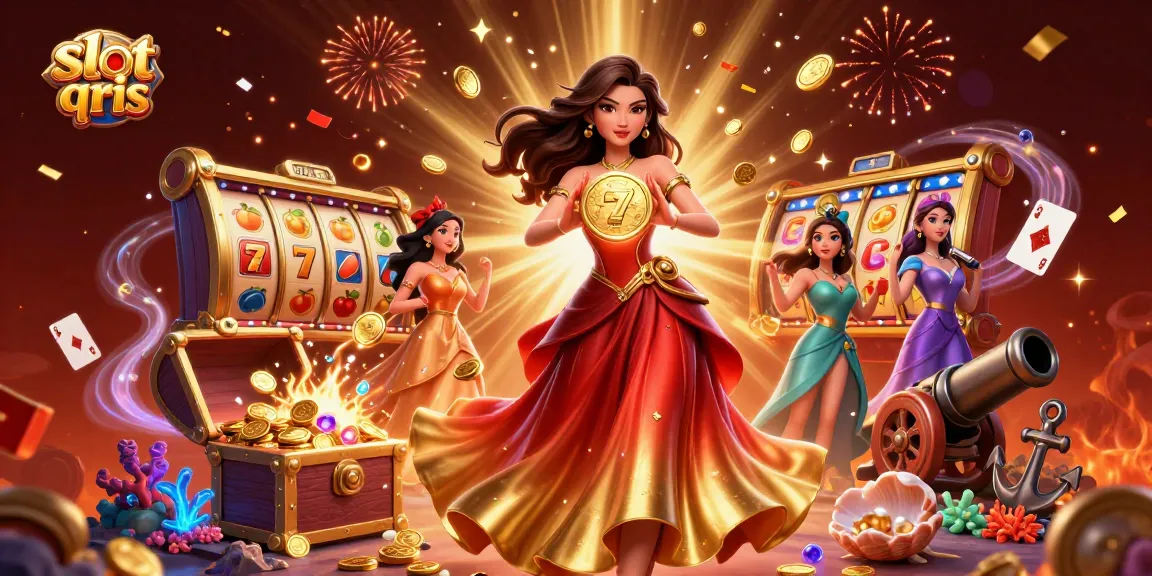 Experience slot qris excitement as a stunning woman holds a golden coin amidst a vibrant casino scene.