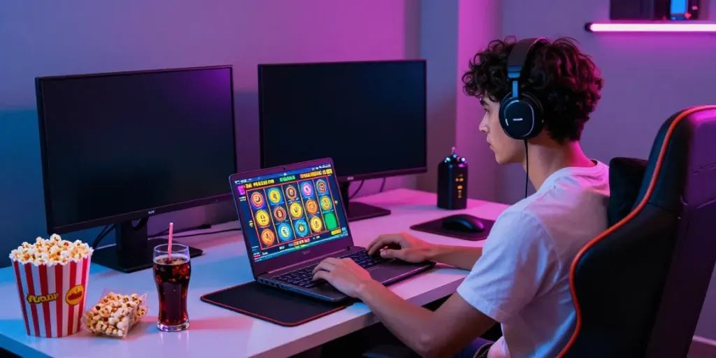 Player enjoying an immersive slot gaming experience on a laptop in a dynamic gaming environment.