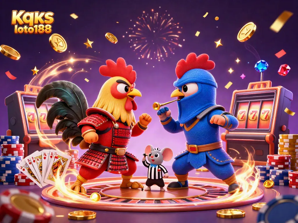 Engage with Kqxs loto188 through an animated battle of cartoon roosters in a dynamic casino setting.
