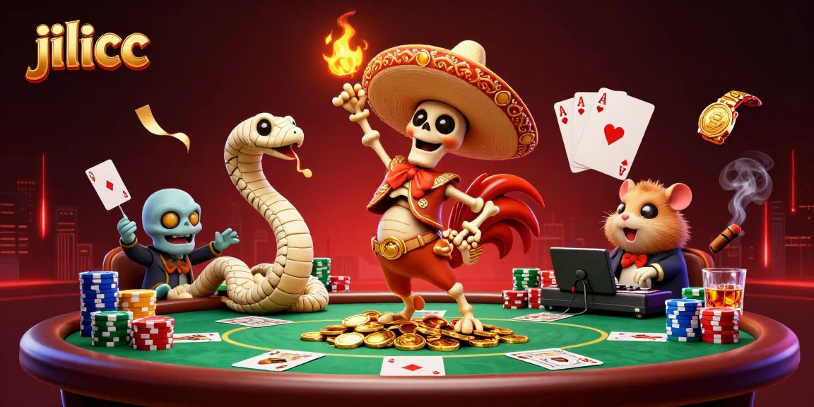 Engage with jilicc's vibrant casino experience, featuring a mariachi rooster celebrating amidst poker excitement.
