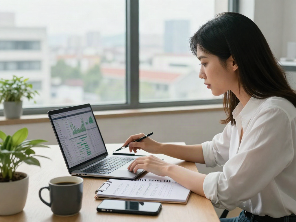 Professional woman analyzing financial charts related to depo 10k in a bright home office.