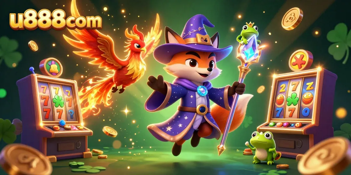 Play slot games with u888com in this vibrant 3D illustration showcasing magical creatures and arcade elements.