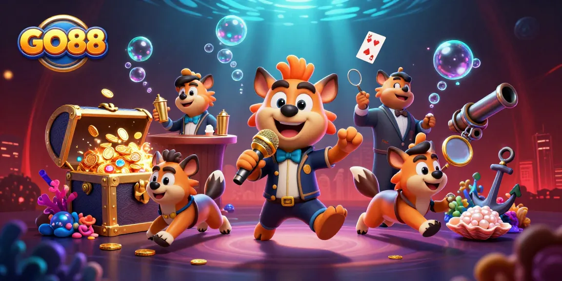 Engage with GO88's dynamic casino experience featuring lively hyenas in a vibrant 3D illustration.