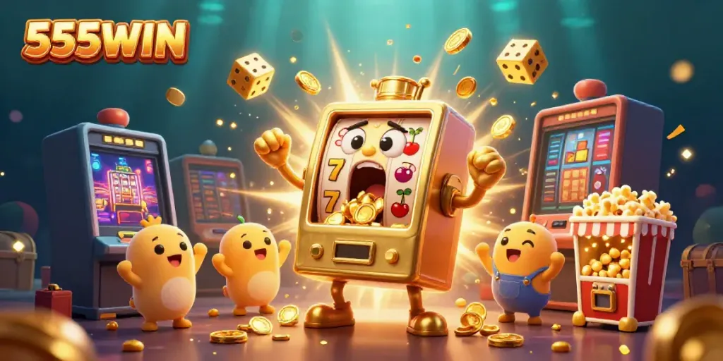 Experience the excitement of jackpots with 555WIN's golden slot machine and cheering characters.