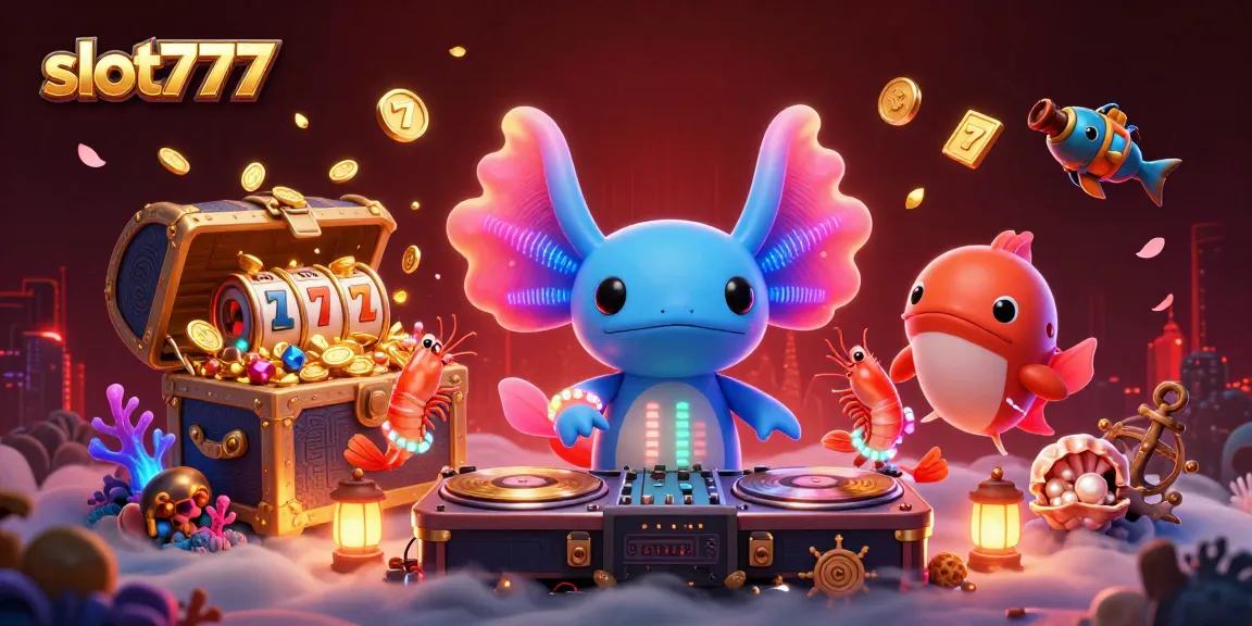 Gambarkan momen menakjubkan dengan slot777 saat DJ axolotl neon warna-warni menghibur dengan koin emas dan permata yang berkilauan.