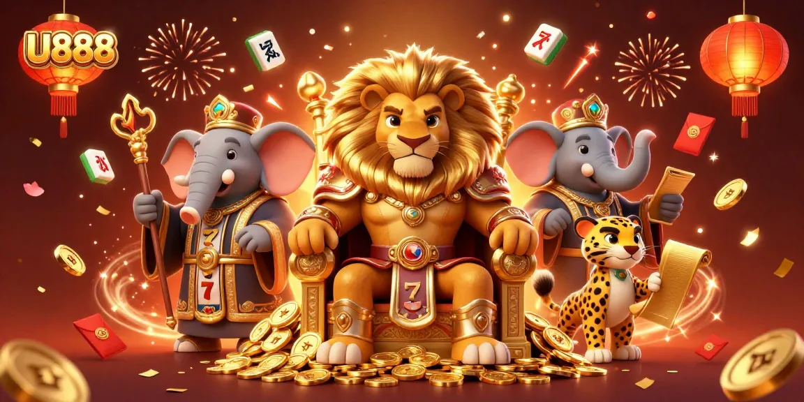 U888 players revel in vibrant casino festivities with slots and prizes in a 3D illustration