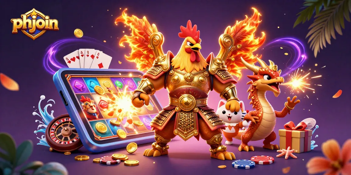 phjoin features a fierce rooster warrior and dragon hatchling in a vibrant casino scene.