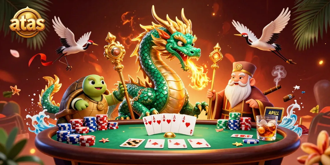 Experience the excitement of the atas casino with a vibrant scene embodying dragons, poker elements, and cultural symbols.