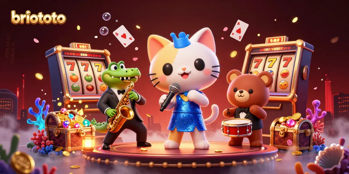 Briototo showcases a lively casino scene with a jazz-singer cat, saxophonist crocodile, and drummer bear cub among slot game elements.