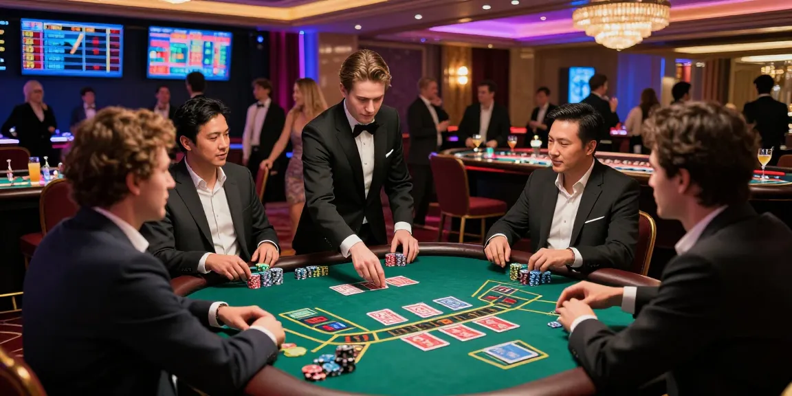 สมัครfun88 at a vibrant casino baccarat table, players engaged in high-energy gameplay.