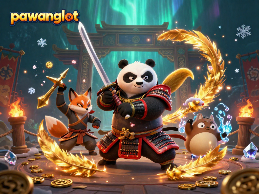 Permainan seru di pawangslot dengan karakter panda samurai dan ninja, dikelilingi koin emas dan efek atmosfer.
