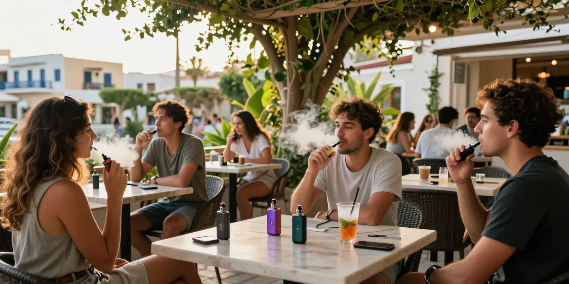 Is vaping legal in Cyprus? Friends enjoy CBD-infused drinks and vape devices in a sunny outdoor café, embodying responsible vaping.