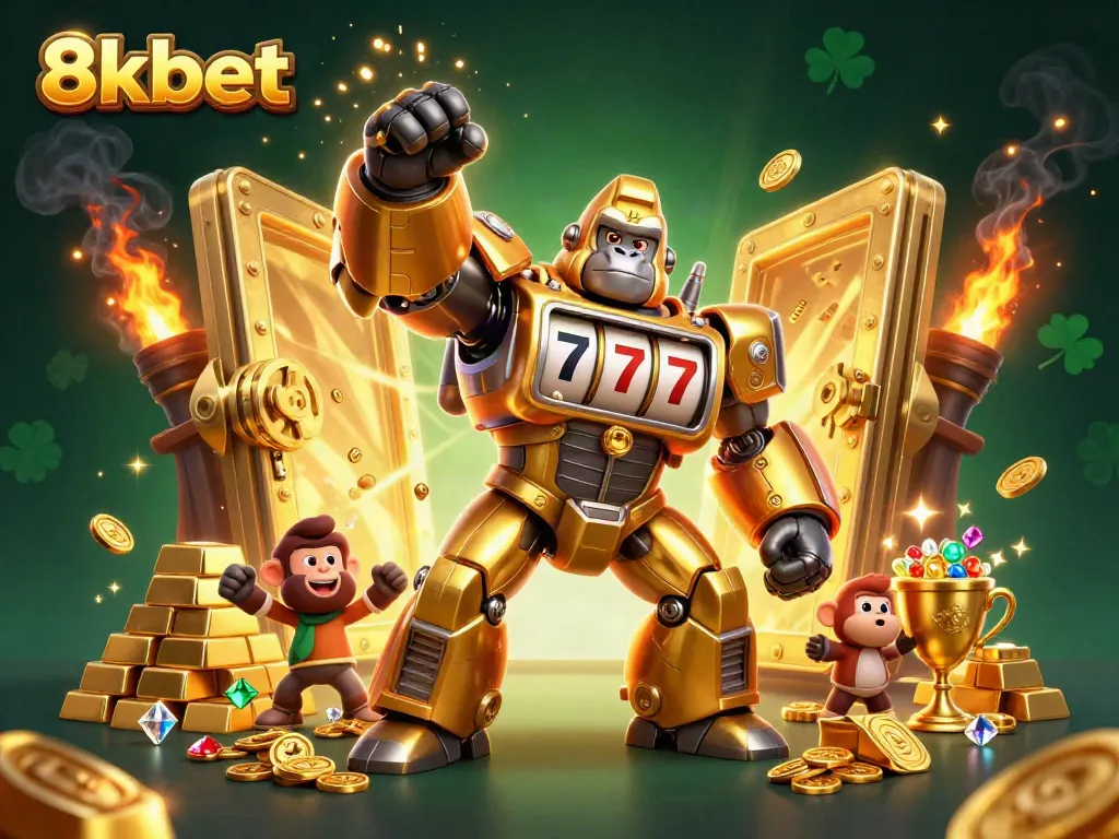 Experience thrilling gameplay at 8kbet with engaging casino adventures featuring golden gorilla mech and treasures.