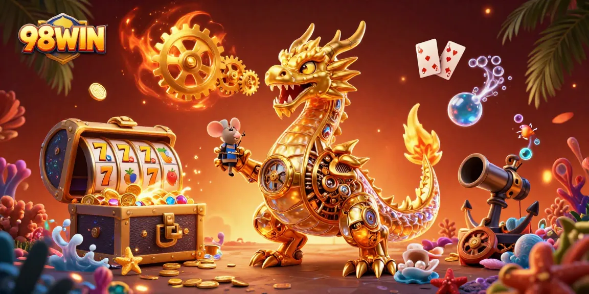 Engage with the exciting world of 98WIN, featuring a vivid dragon amidst colorful slot elements.