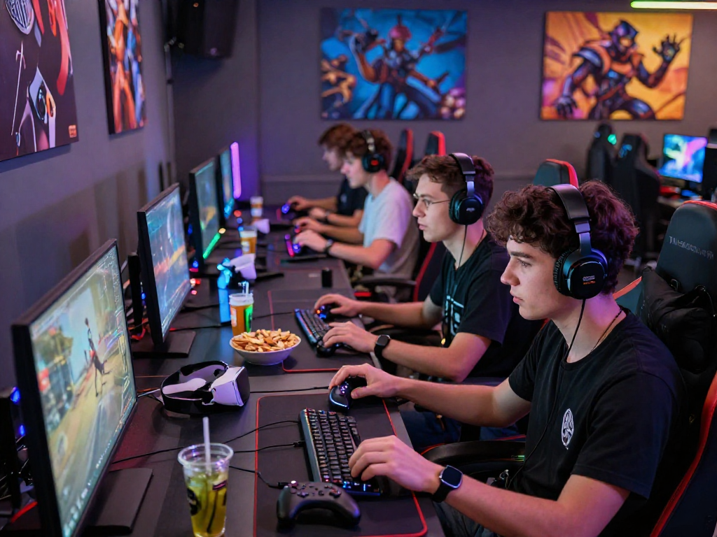 Players demonstrating fair play while gaming in a lively online gaming lounge with colorful lights and snacks.
