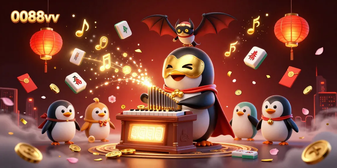 Experience the excitement of 0088vv with a vibrant 3D illustration of a penguin organist shooting coins amidst festive casino elements.