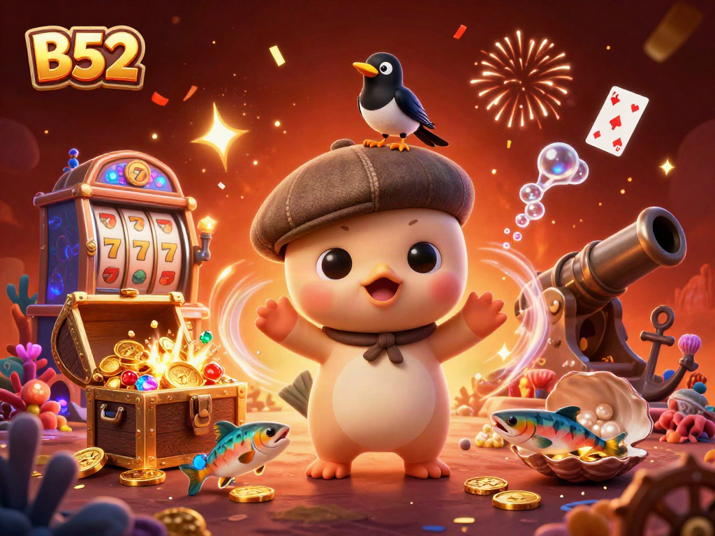 B52 players enjoying animated fun with a cute Nessie and slot machines in vibrant underwater casino.