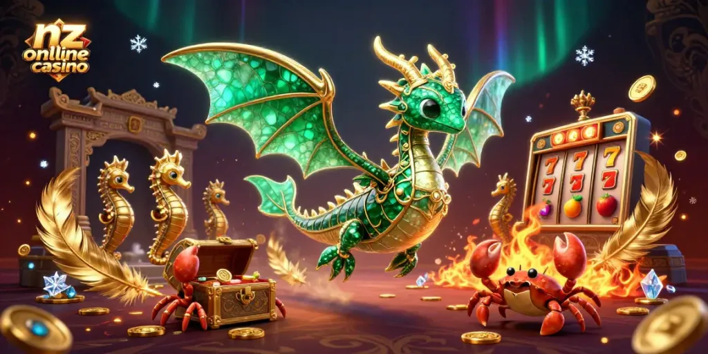 Visualize the vibrant experience of nz online casino with sea dragons and treasure.