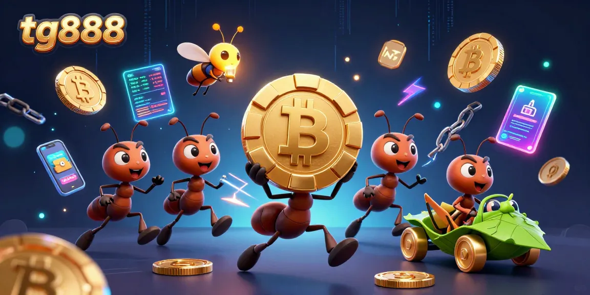 Team of animated ants heisting a giant poker chip in a vibrant tg888 casino scene.