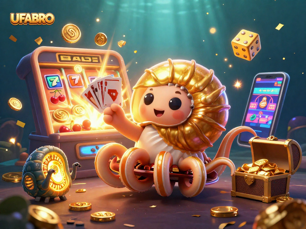 Experience the thrill of UFABRO with a vibrant 3D casino scene featuring a giant nautilus roulette wheel and generous jackpots.