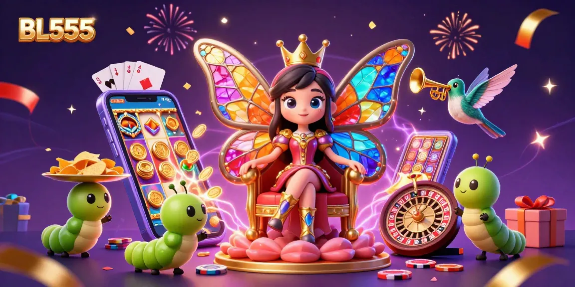 Experience the exciting world of BL555 with a vibrant 3D casino scene featuring slot games and magical elements.