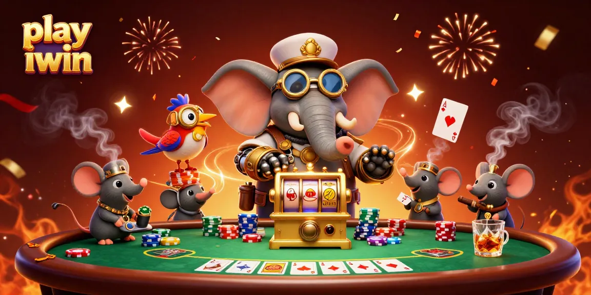 Play iwin with a steampunk elephant engineer and vibrant casino scene.