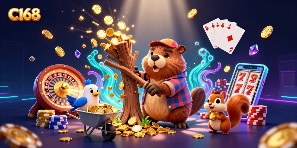 Experience the thrilling ambiance of C168 as golden coins cascade around the interactive gambling scene.
