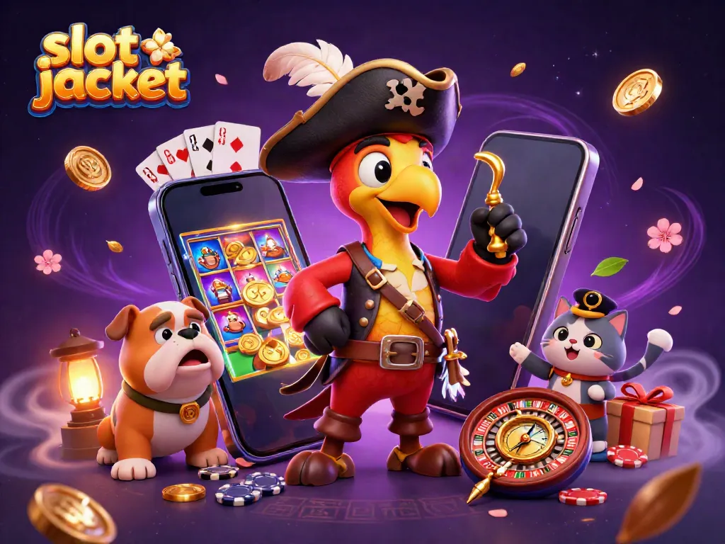 Gambarkan slot jackpot dengan karakter kartun bajak laut dan elemen kasino yang kaya visual.