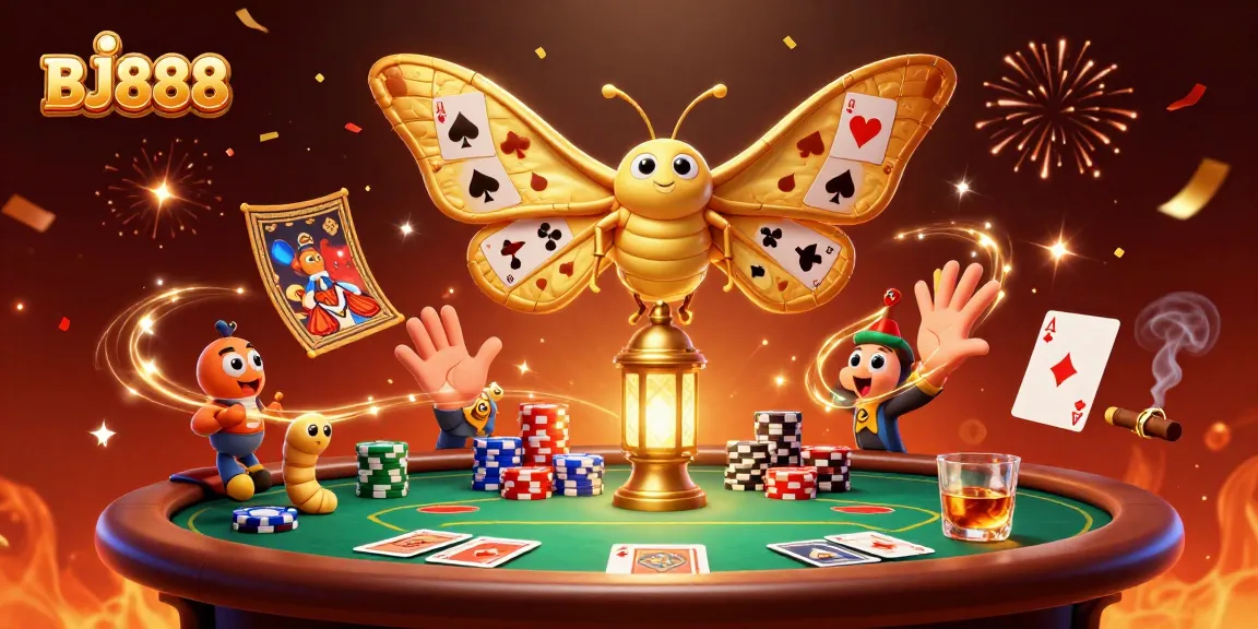 BJ888 showcases a vibrant 3D casino scene featuring an atlas moth and poker elements.
